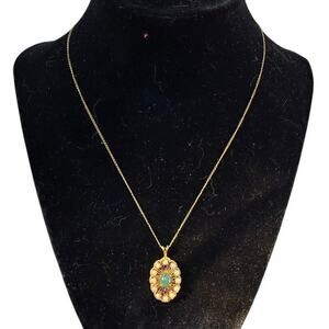 Vintage 14K Gold Chain Pendant Necklace with Pearls and Center Stone